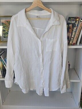 Shade & Shore White Seersucker Button-Up Shirt Cotton Size Large Beachy Summer
